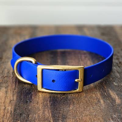 Nähen Sie einen blauen Halsband mit Messingbeschlägen