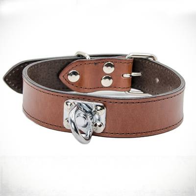 Cose un collar de cuero marrón con herrajes