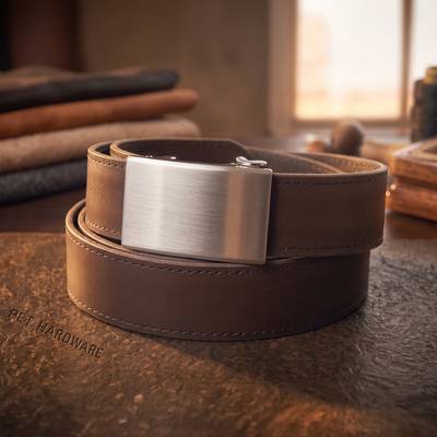 Brown stitched belt with plate buckle