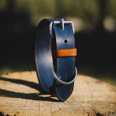 Crea un collar de cuero azul con herrajes inoxidables