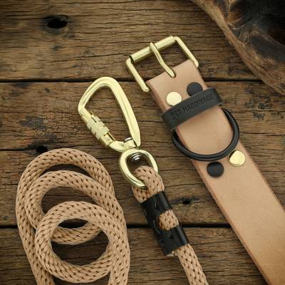 Set collar y correa cuero para perro herrajes negros latón