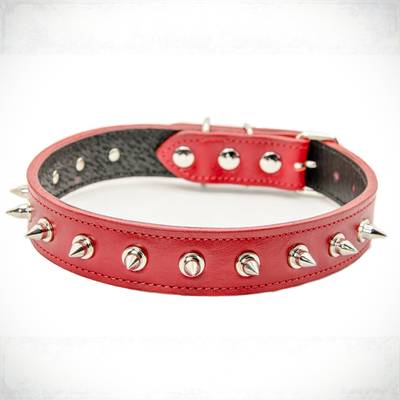 Cose un collar de cuero rojo con púas