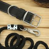 Black Leather Collar with Leash and Stainless Steel Hardware