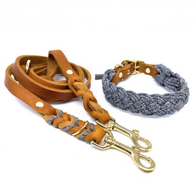 Brown/Gray Leather Leash and Collar Set