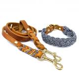 Brown/Gray Leather Leash and Collar Set