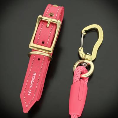 Collar y correa rosa con mosquetón de aluminio dorado