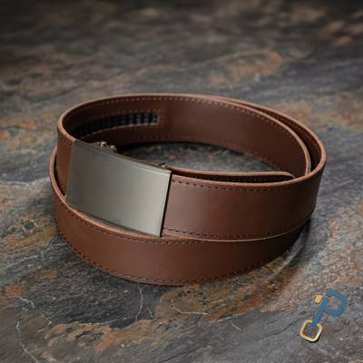 Stitched brown belt with ratchet buckle