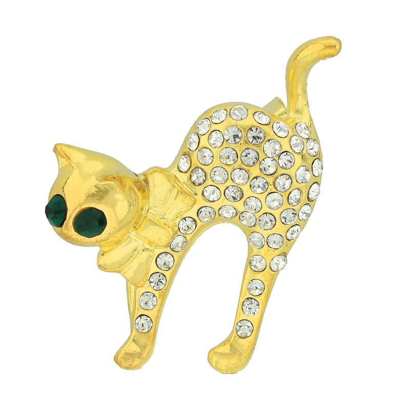Broche Chat Vintage En Zinc - Yeux Cristal Vert - Bijou Délicat Pour Sac, Veste Ou écharpe - 9