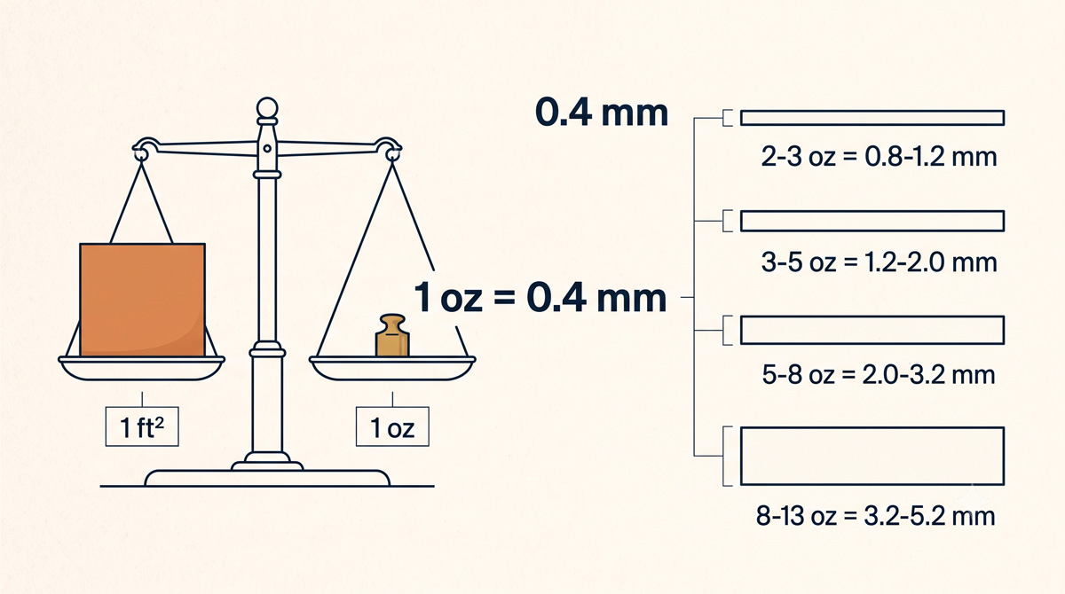 Ounces to millimetres: 1 oz = 0.4 mm and a comparison of leather thickness ranges